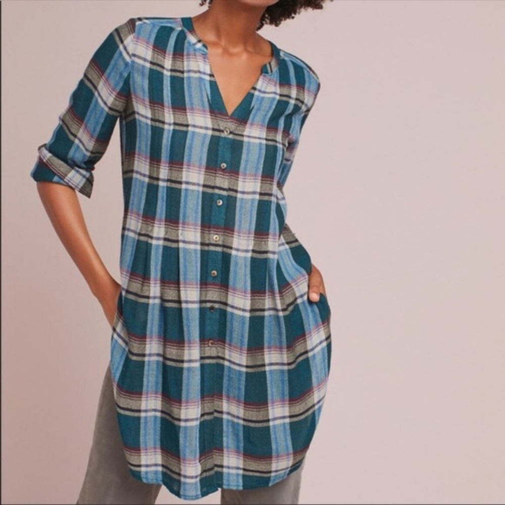 Anthropologie Akemi & Kin Lucie Plaid Green Tunic - Picture 1 of 9